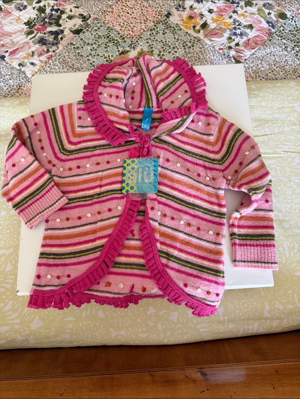 Blu toddler Pink Striped Hooded Cardigan with Ruffle Trim, NwT, size 2